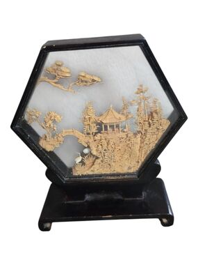 VINTAGE Chinese 3D Cork Diorama Pagoda Cranes Glass Shadow Box Art on Stand